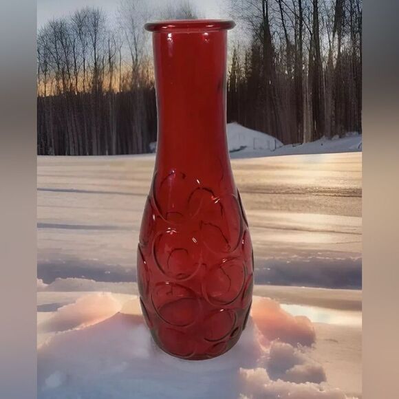 DPS Circles 8 1/2" Round Bubbles Ruby Red Glass Bud Vase Home Decor Vintage - Picture 1 of 10